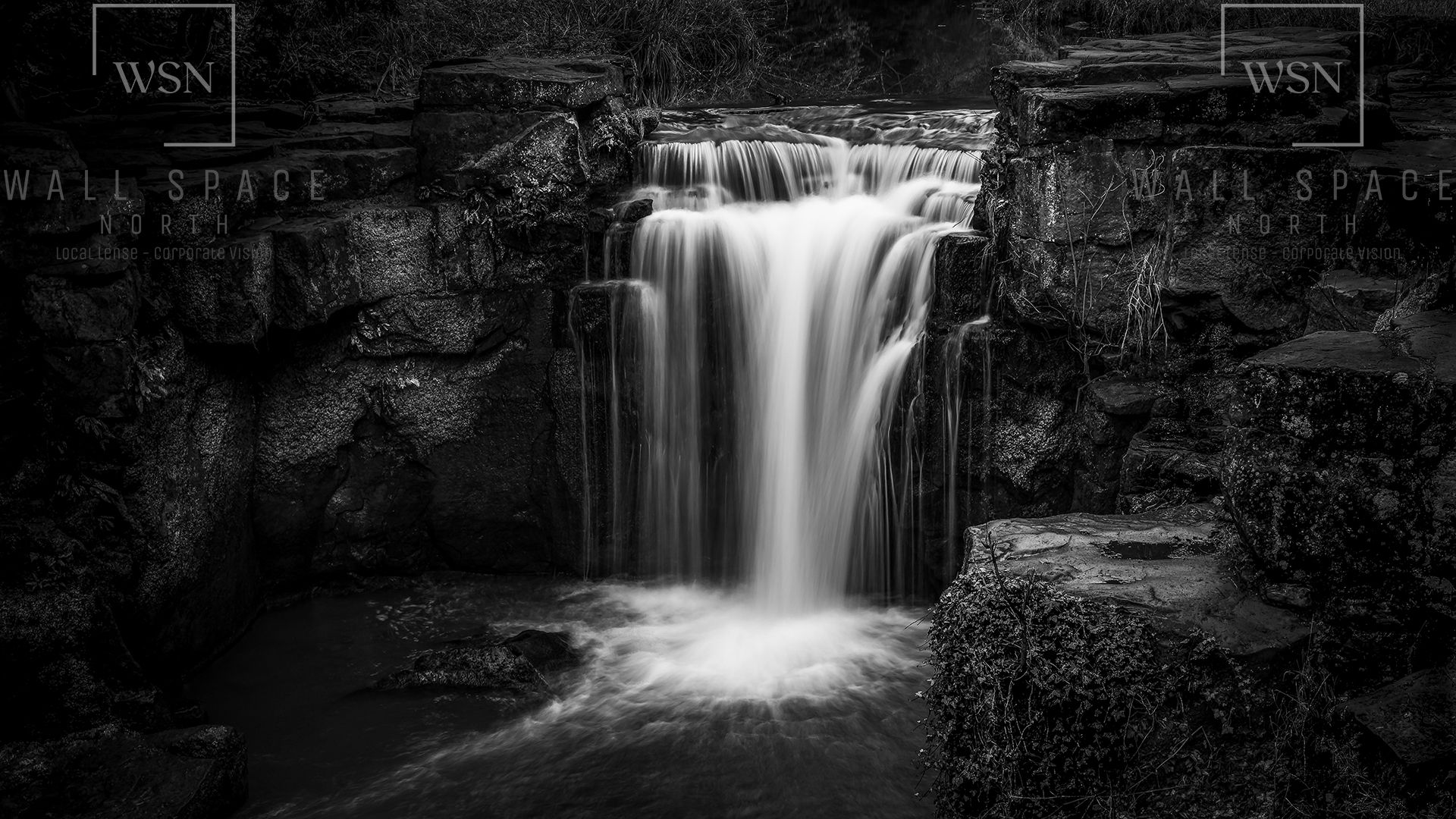 Fine art landscape photography of Jesmond Dene waterfall, Newcastle — framed natural imagery for workplaces